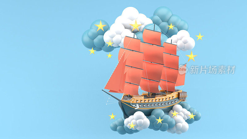 蓝色的船，橙色的帆，漂浮在云端，蓝色的背景上有星星。3 d渲染。“n